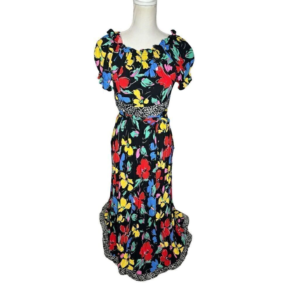 RIXO 0 Maxi Dress Retro Floral Print Mod Off Shoulder Red Blue Yellow Black Sz 8